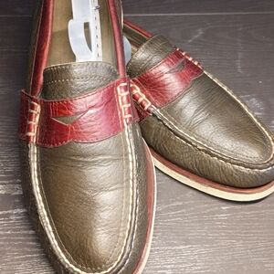 GOLD CUP Men's 9M Sperry Olive Green Leather Penny Loafers with Burgundy Accent